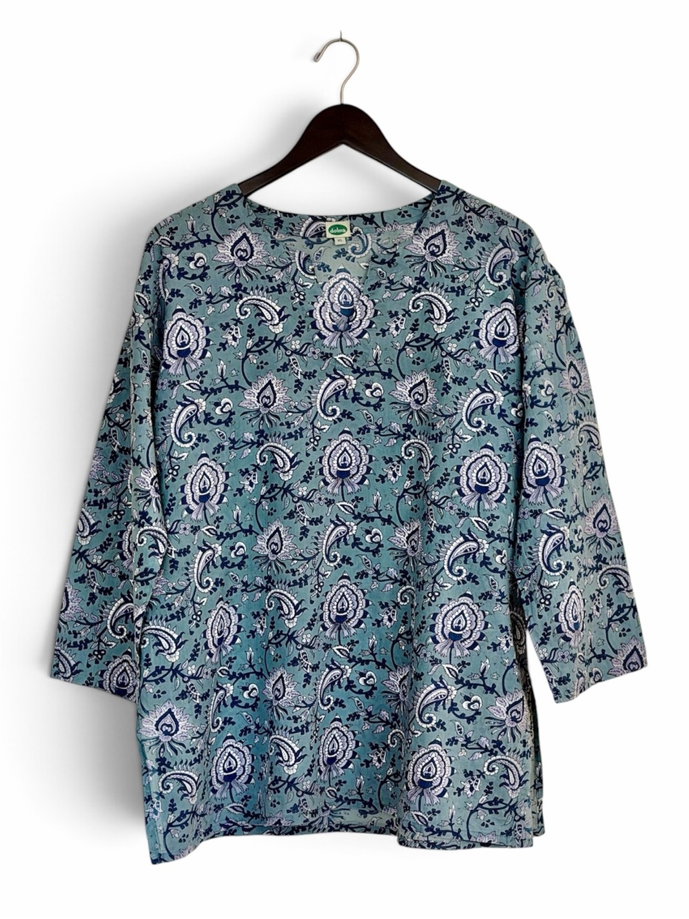 Dolma Boho Blue Paisley Block Print Cotton Tunic Blouse, XL